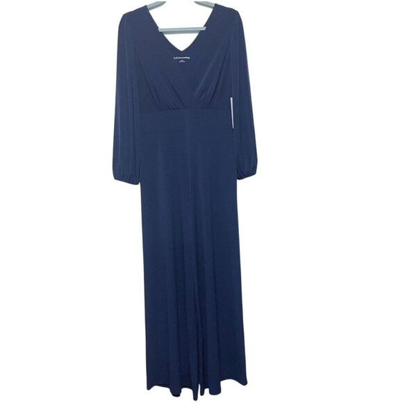 Soft Surroundings Navy V Neck Faux Wrap Long Sleeve Wide Leg Jumpsuit S Stretchy - Picture 2 of 12